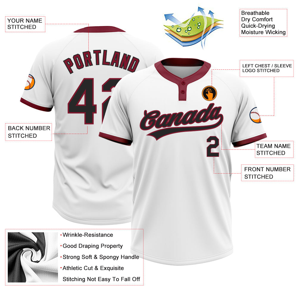 Custom White Black-Crimson Two-Button Unisex Softball Jersey view 3