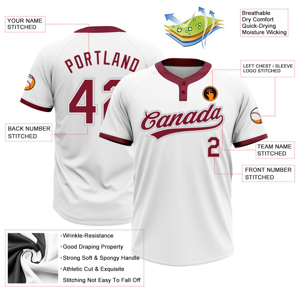 Custom White Crimson-Gray Two-Button Unisex Softball Jersey view 3