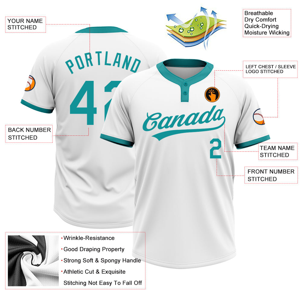 Custom White Teal Two-Button Unisex Softball Jersey view 3