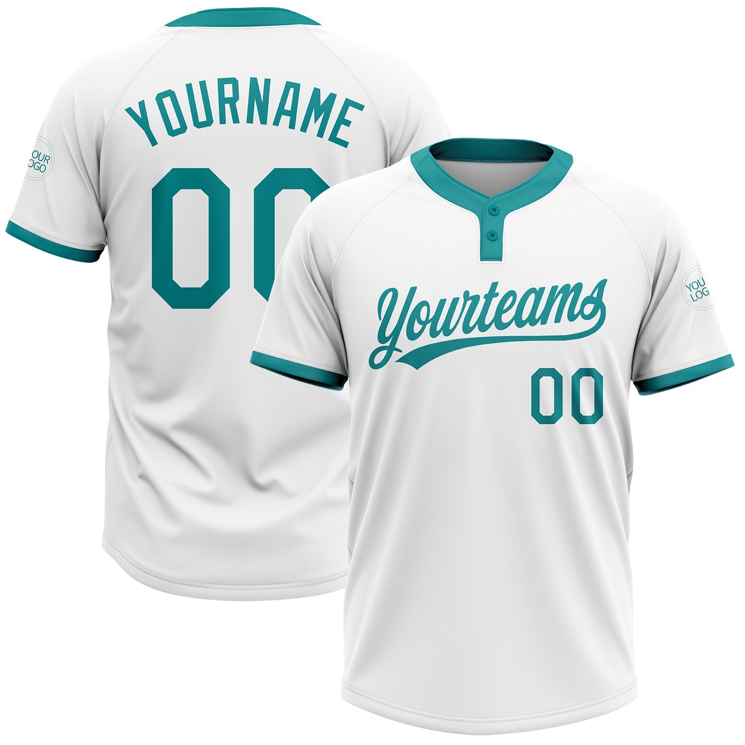 Custom White Teal Two-Button Unisex Softball Jersey - Main View