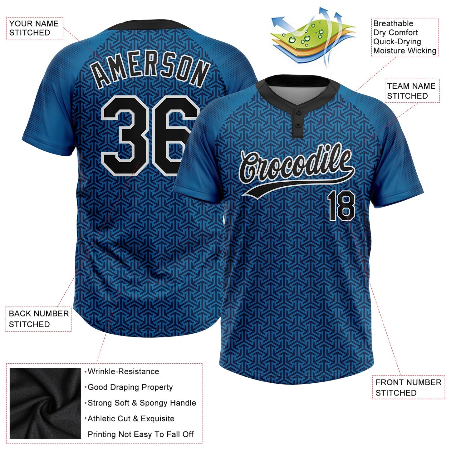Custom Blue Black-White 3D Pattern Two-Button Unisex Softball Jersey view 3