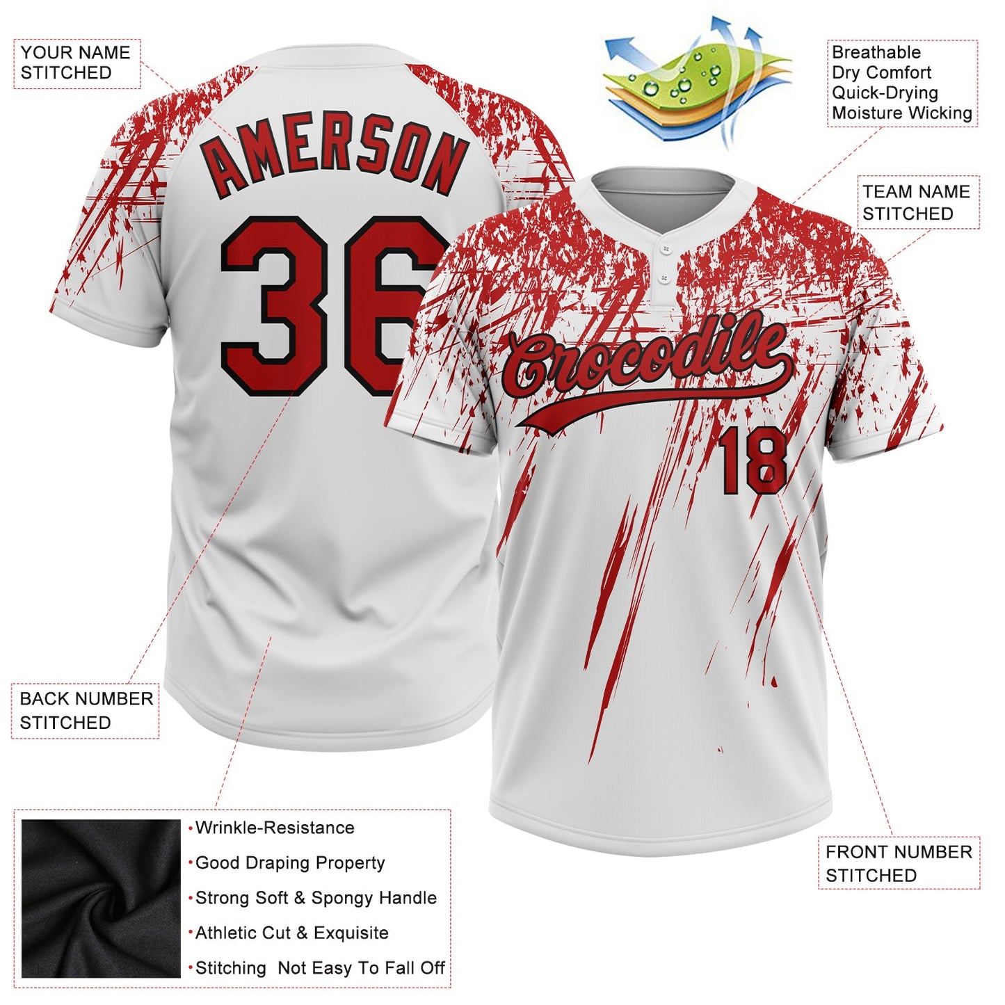 Custom White Red-Black 3D Pattern Two-Button Unisex Softball Jersey view 4