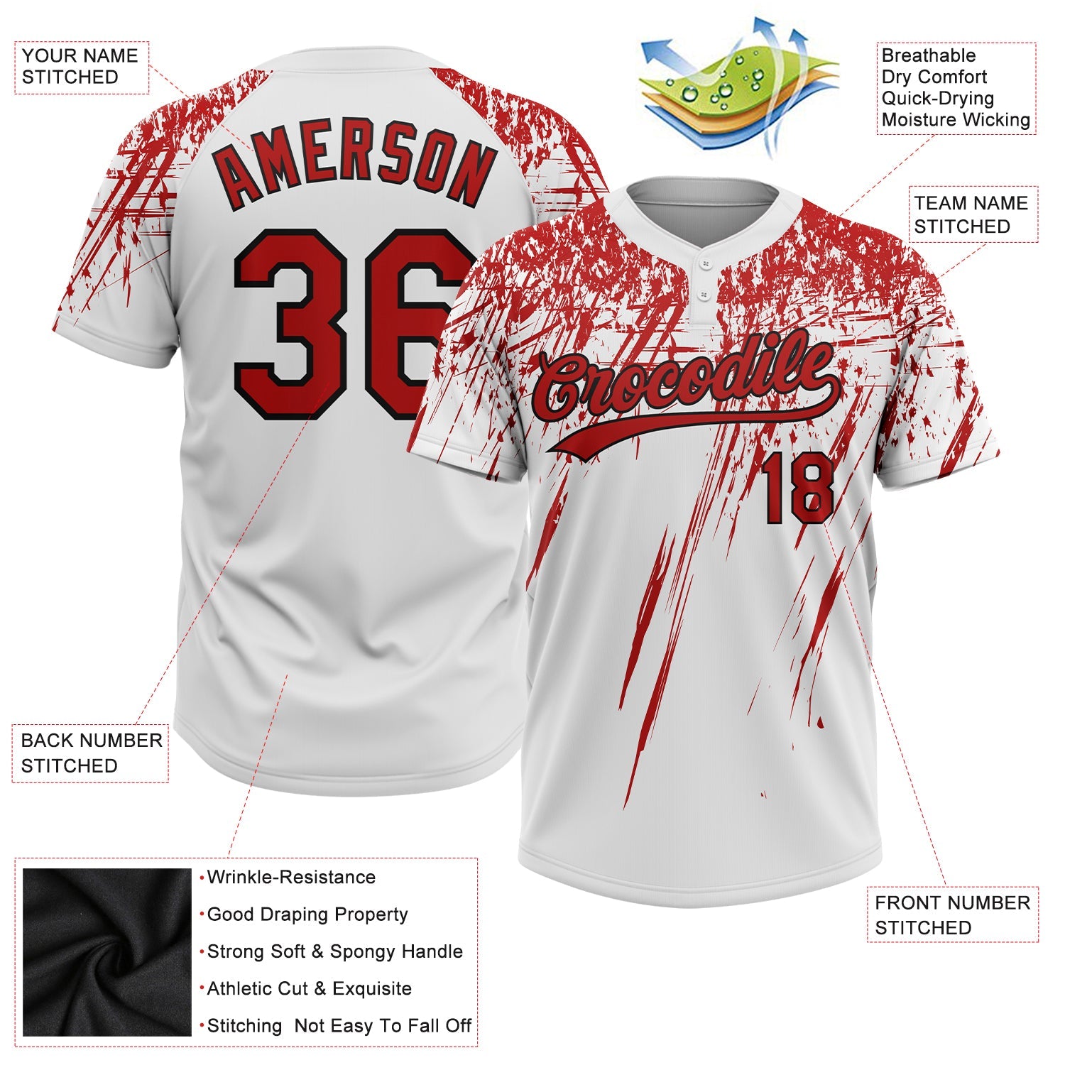 Custom White Red-Black 3D Pattern Two-Button Unisex Softball Jersey view 4
