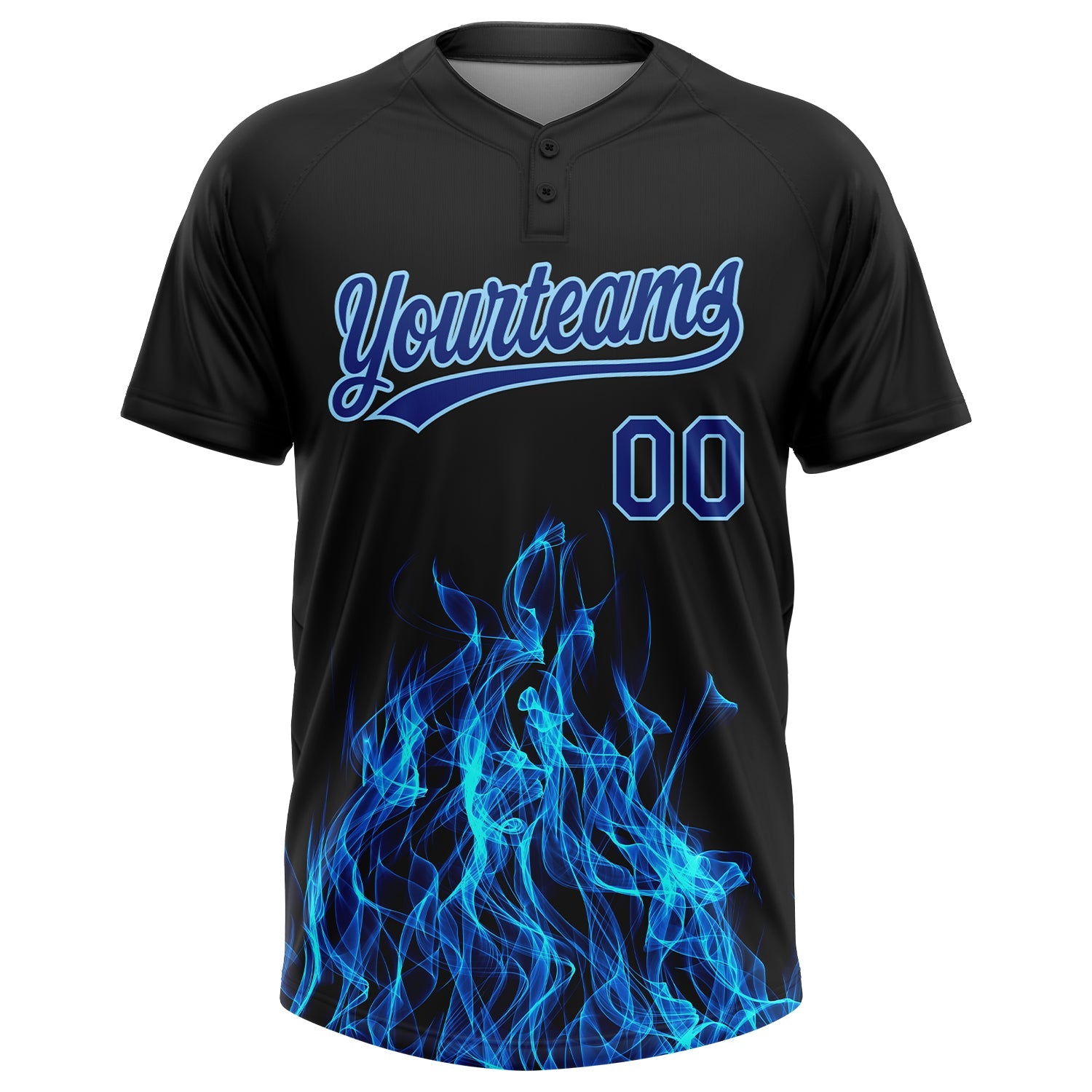 Custom Black Royal-Light Blue 3D Pattern Flame Two-Button Unisex Softball Jersey view 2