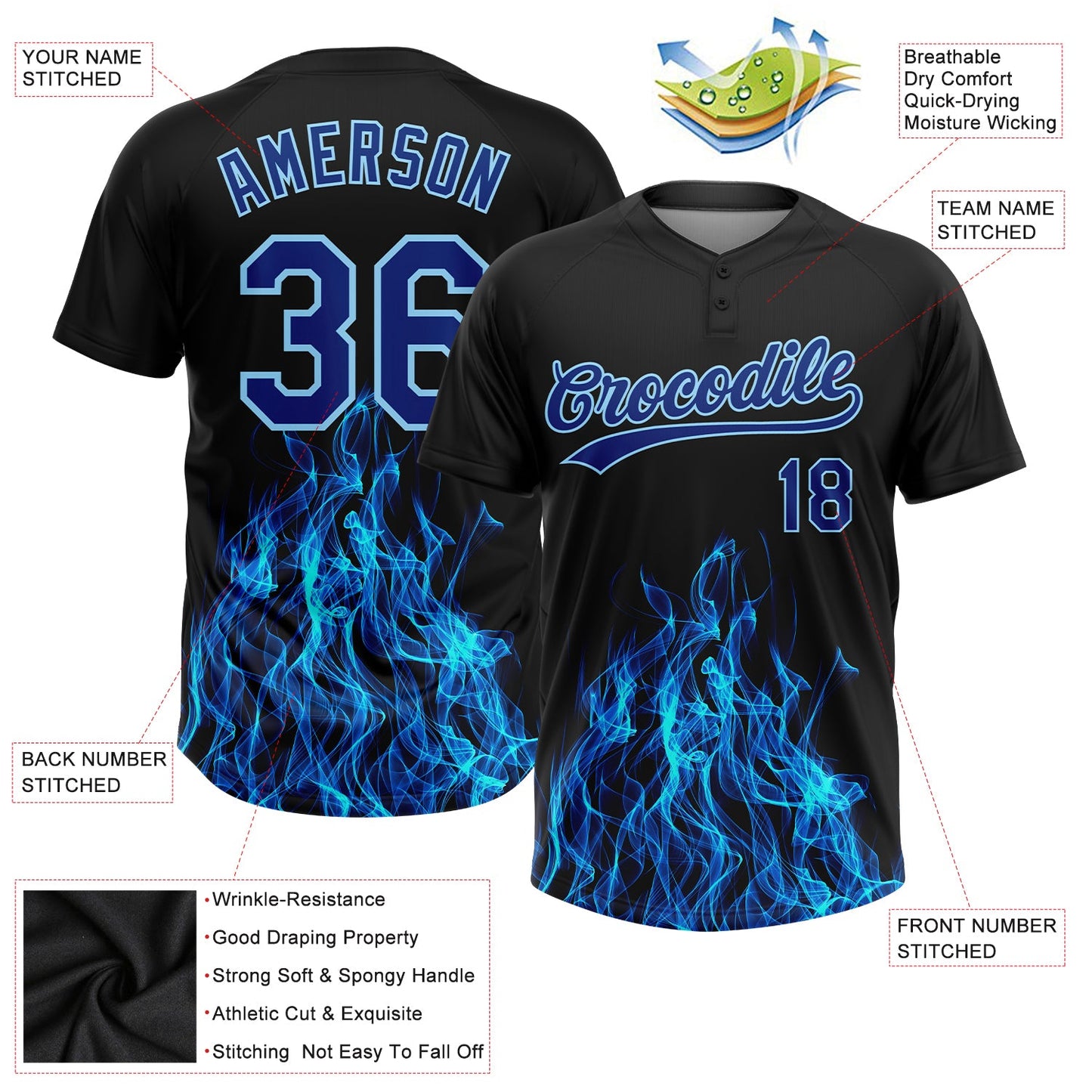 Custom Black Royal-Light Blue 3D Pattern Flame Two-Button Unisex Softball Jersey view 3