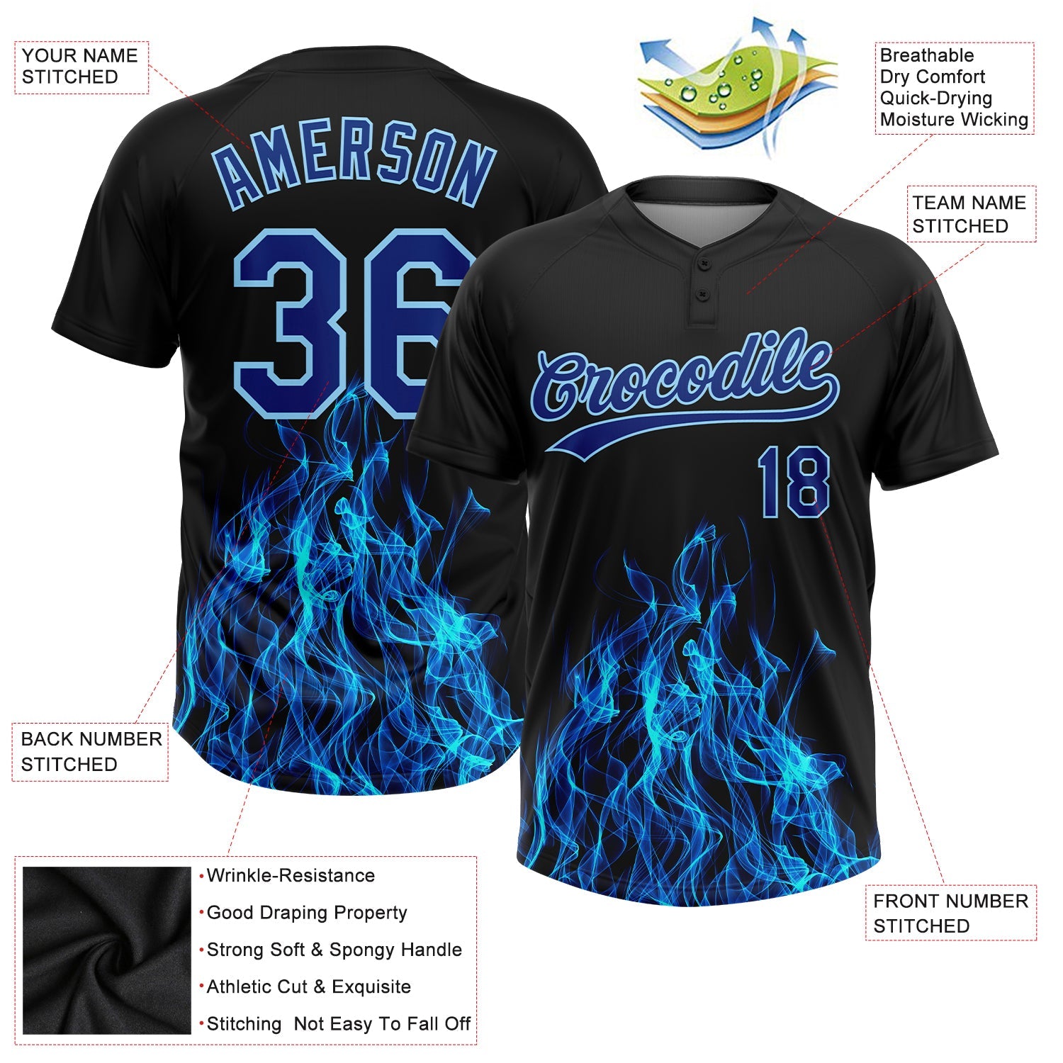 Custom Black Royal-Light Blue 3D Pattern Flame Two-Button Unisex Softball Jersey view 3