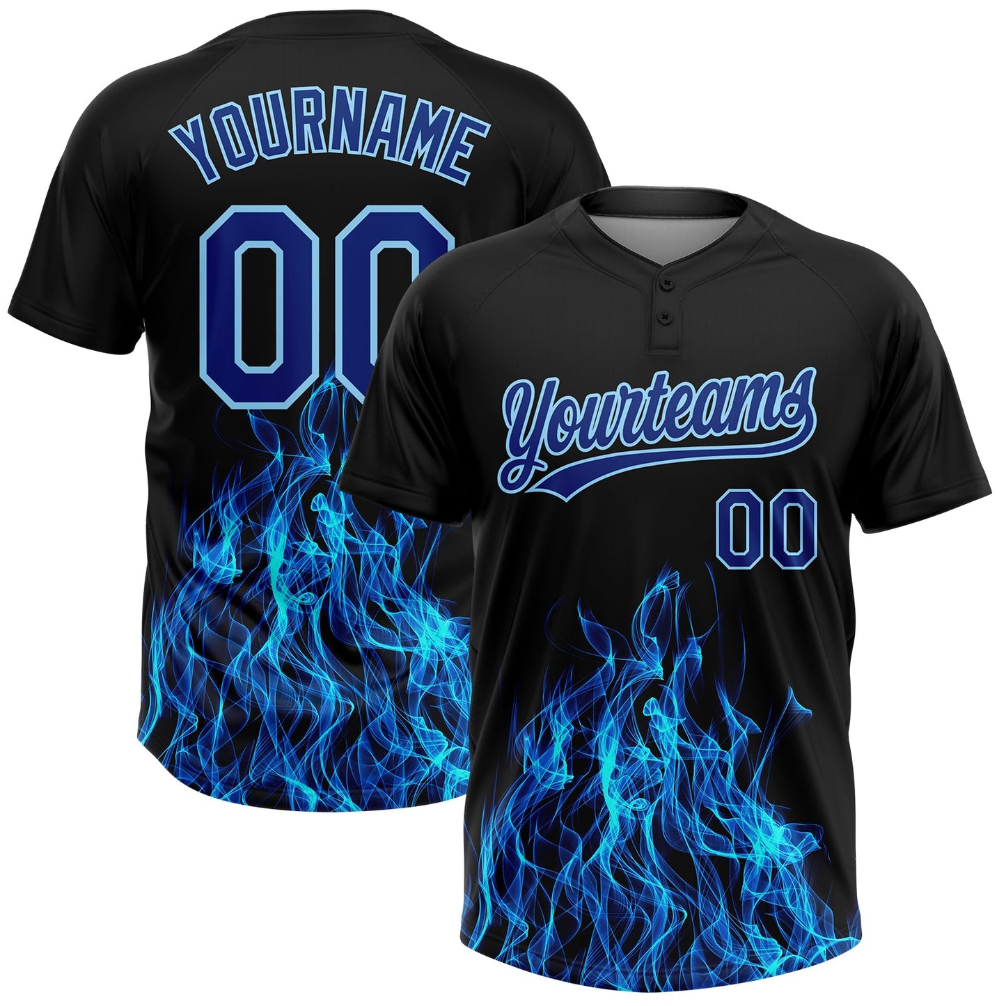 Custom Black Royal-Light Blue 3D Pattern Flame Two-Button Unisex Softball Jersey - Main View