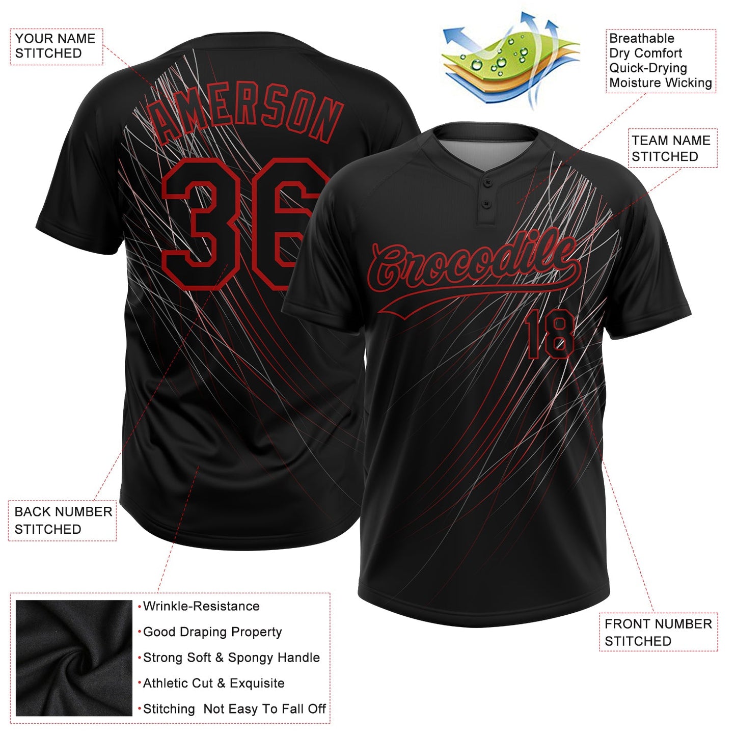 Custom Black Black-Red 3D Pattern Two-Button Unisex Softball Jersey view 3