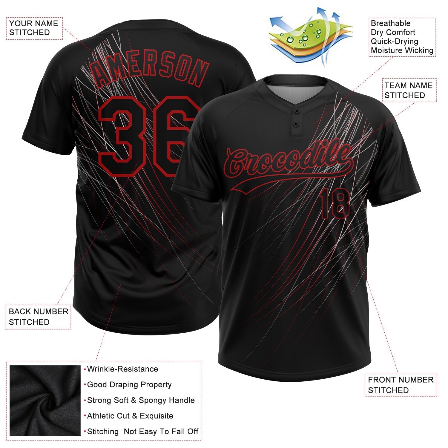 Custom Black Black-Red 3D Pattern Two-Button Unisex Softball Jersey view 3