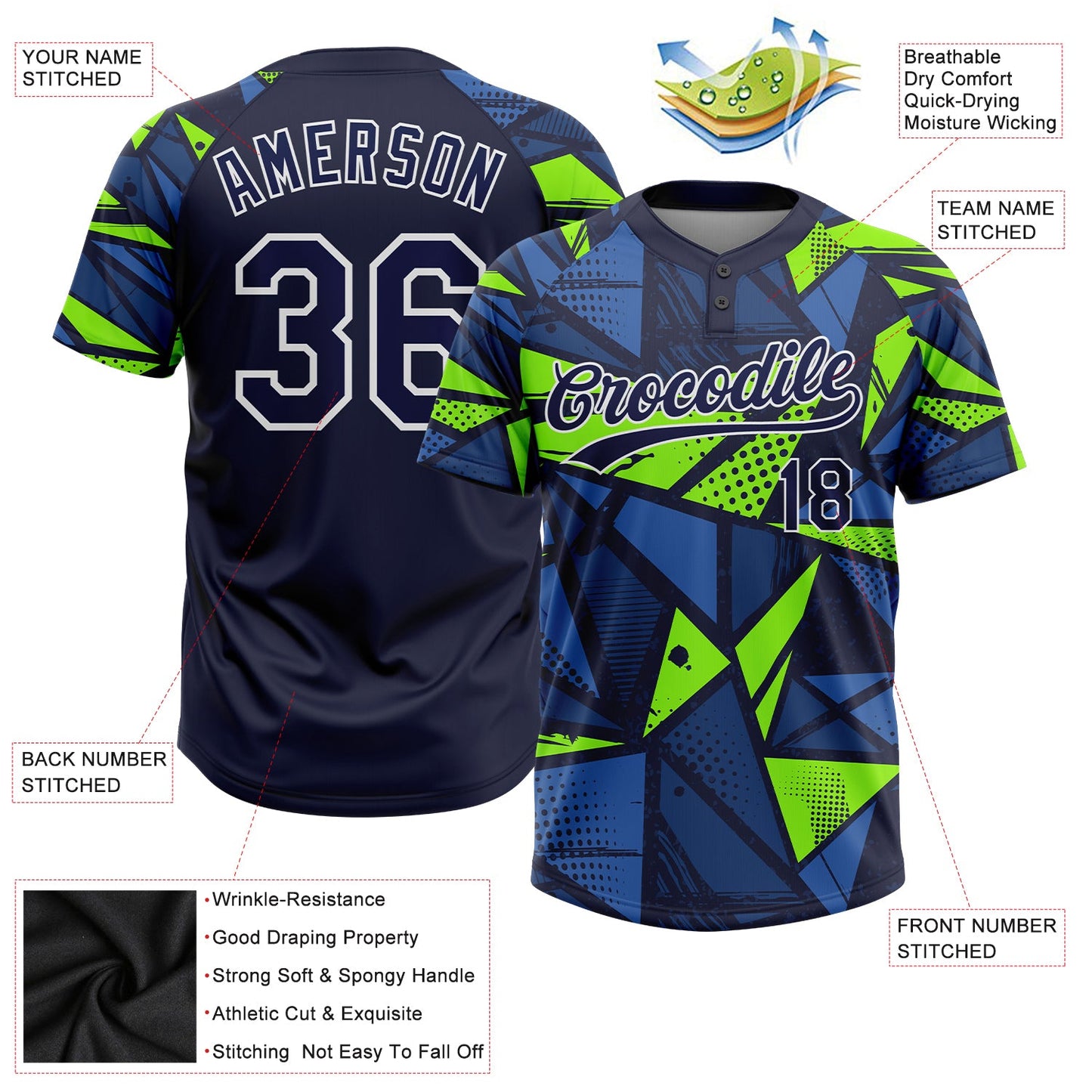 Custom Navy Navy-Neon Green 3D Pattern Two-Button Unisex Softball Jersey view 3