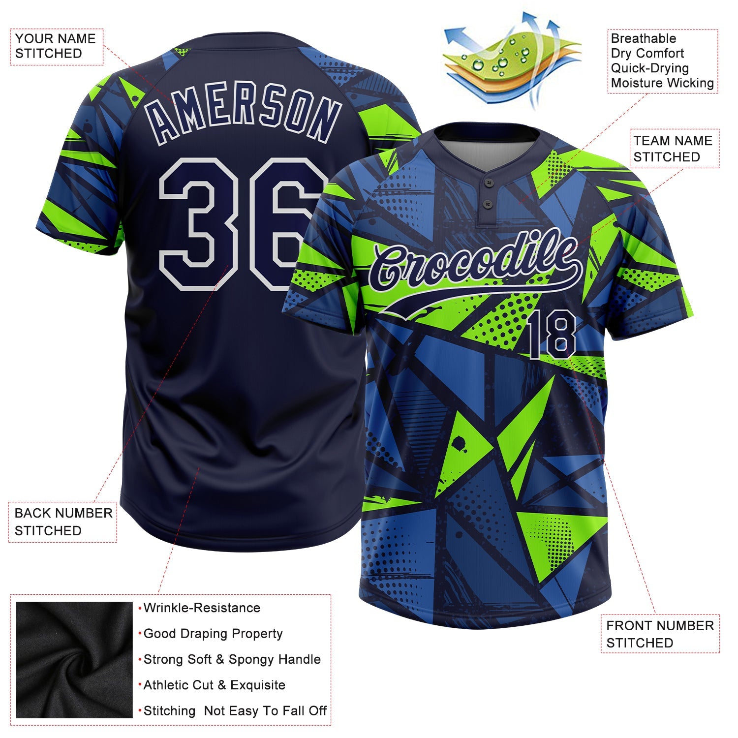 Custom Navy Navy-Neon Green 3D Pattern Two-Button Unisex Softball Jersey view 3
