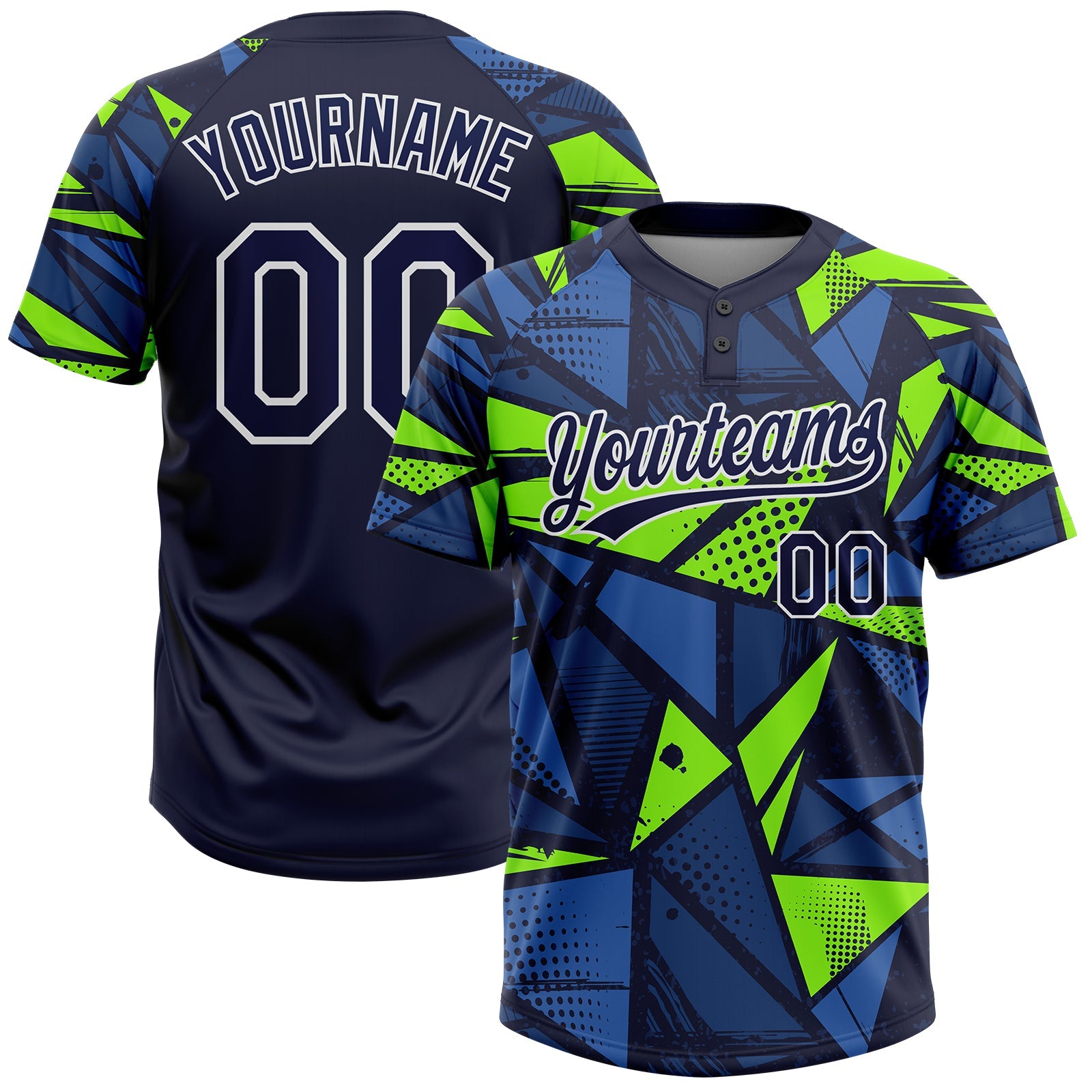 Custom Navy Navy-Neon Green 3D Pattern Two-Button Unisex Softball Jersey - Main View