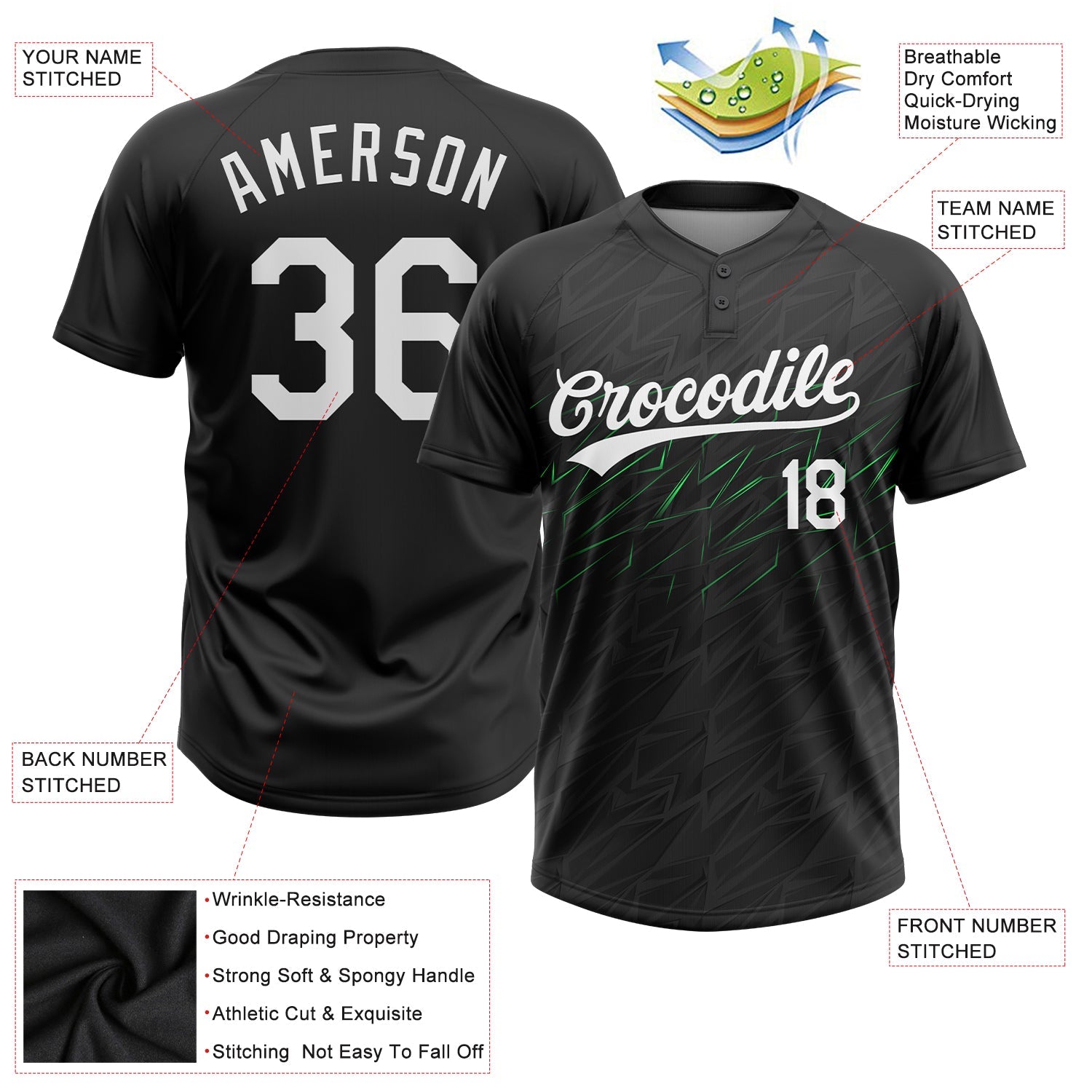 Custom Black White-Neon Green 3D Pattern Two-Button Unisex Softball Jersey view 3