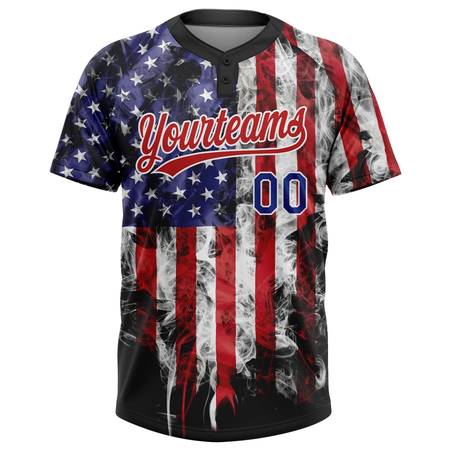 Custom White Royal-Red 3D American Flag Fashion Two-Button Unisex Softball Jersey view 3