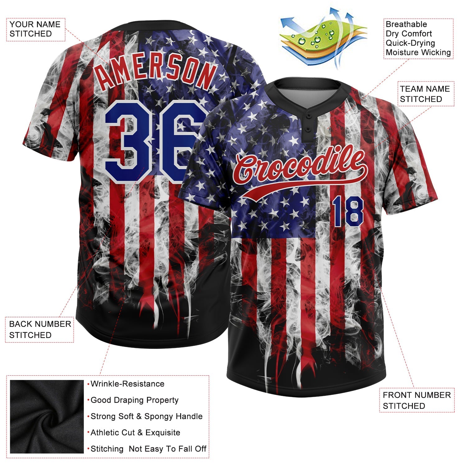 Custom White Royal-Red 3D American Flag Fashion Two-Button Unisex Softball Jersey view 4