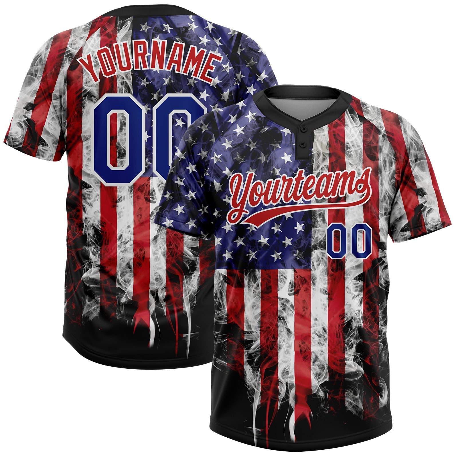 Custom White Royal-Red 3D American Flag Fashion Two-Button Unisex Softball Jersey - Main View