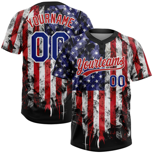 Custom White Royal-Red 3D American Flag Fashion Two-Button Unisex Softball Jersey - Main View