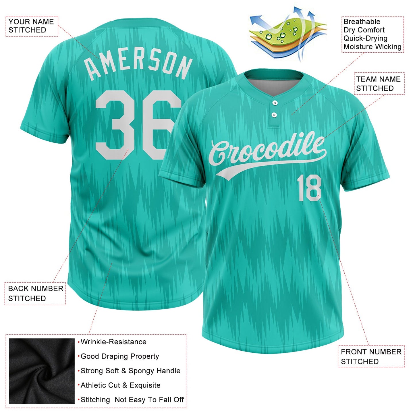 Custom Aqua White 3D Pattern Two-Button Unisex Softball Jersey view 3