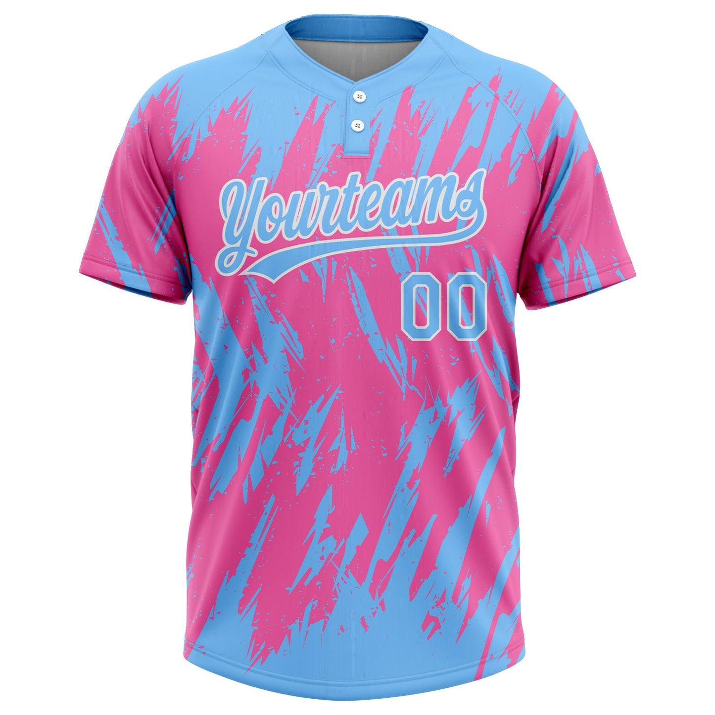 Custom Pink Powder Blue-White 3D Pattern Two-Button Unisex Softball Jersey view 2