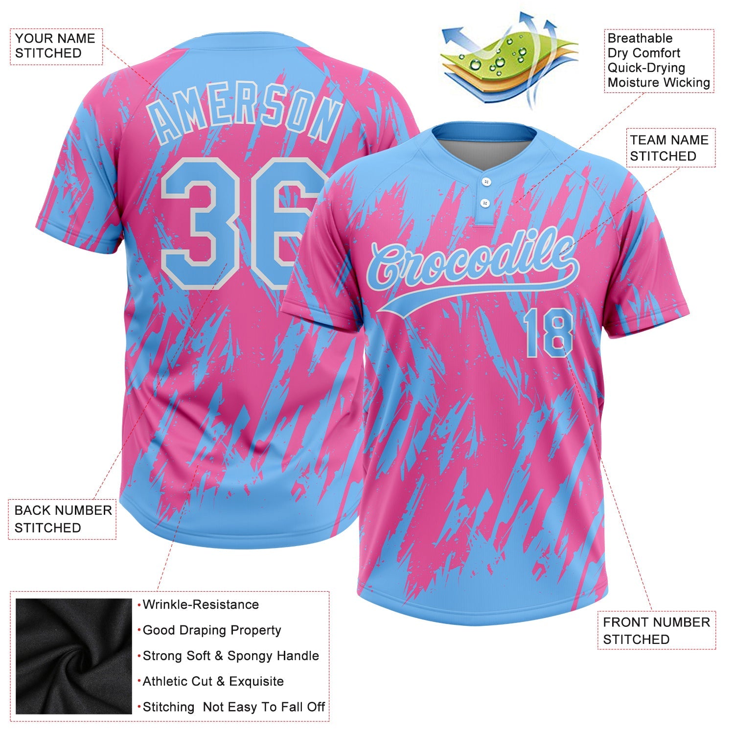 Custom Pink Powder Blue-White 3D Pattern Two-Button Unisex Softball Jersey view 3
