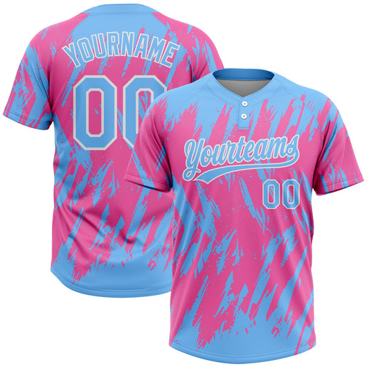 Custom Pink Powder Blue-White 3D Pattern Two-Button Unisex Softball Jersey - Main View