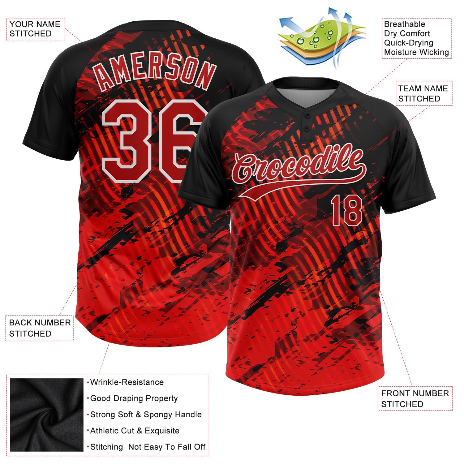 Custom Black Red-White 3D Pattern Two-Button Unisex Softball Jersey view 3