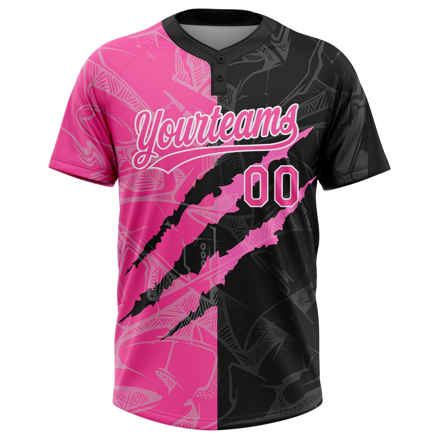 Custom Graffiti Pattern Pink-Black 3D Two-Button Unisex Softball Jersey view 3