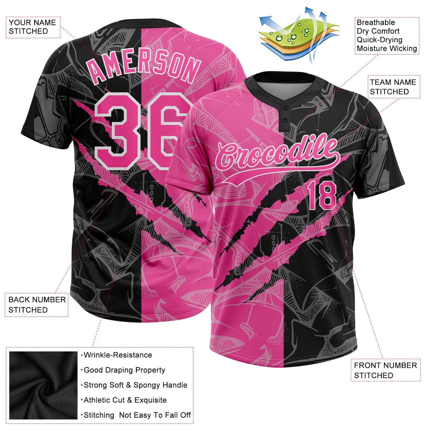 Custom Graffiti Pattern Pink-Black 3D Two-Button Unisex Softball Jersey view 4