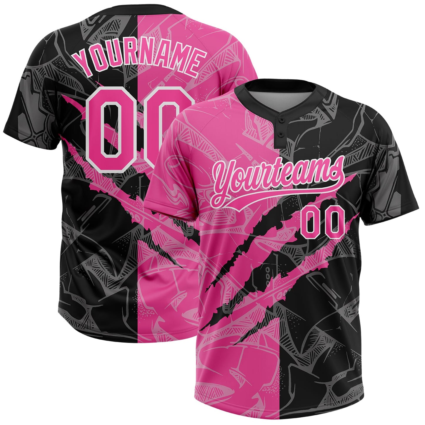 Custom Graffiti Pattern Pink-Black 3D Two-Button Unisex Softball Jersey - Main View