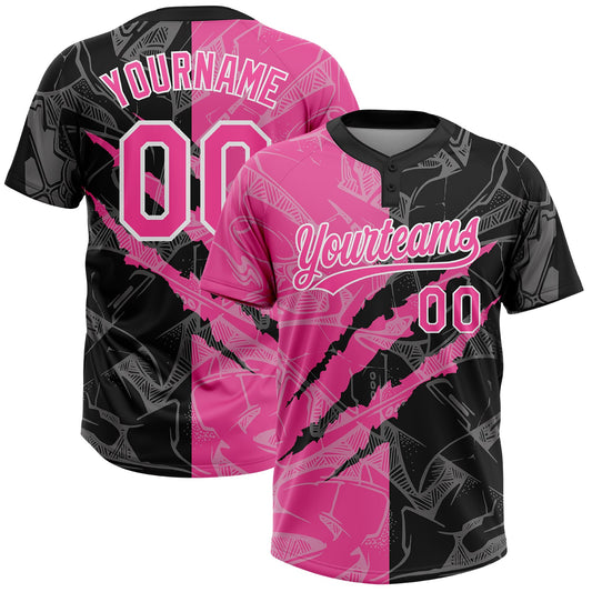Custom Graffiti Pattern Pink-Black 3D Two-Button Unisex Softball Jersey - Main View