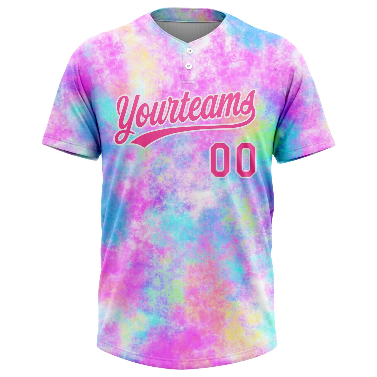 Custom Tie Dye Pink-White 3D Watercolor Gradient Two-Button Unisex Softball Jersey view 2