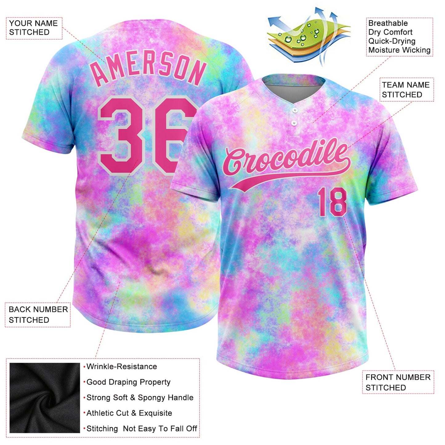 Custom Tie Dye Pink-White 3D Watercolor Gradient Two-Button Unisex Softball Jersey view 3