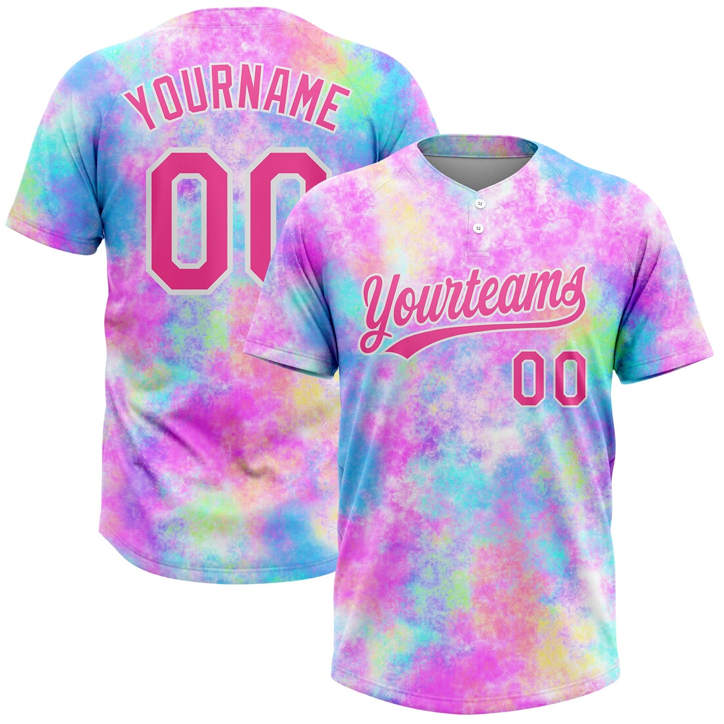 Custom Tie Dye Pink-White 3D Watercolor Gradient Two-Button Unisex Softball Jersey - Main View