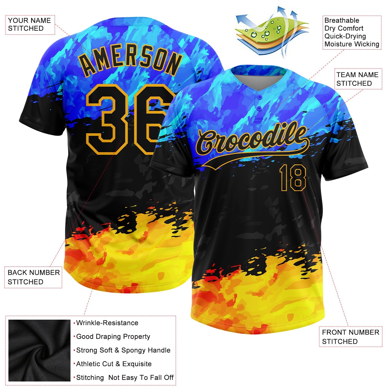 Custom Figure Black Gold-Royal 3D Pattern Two-Button Unisex Softball Jersey view 3