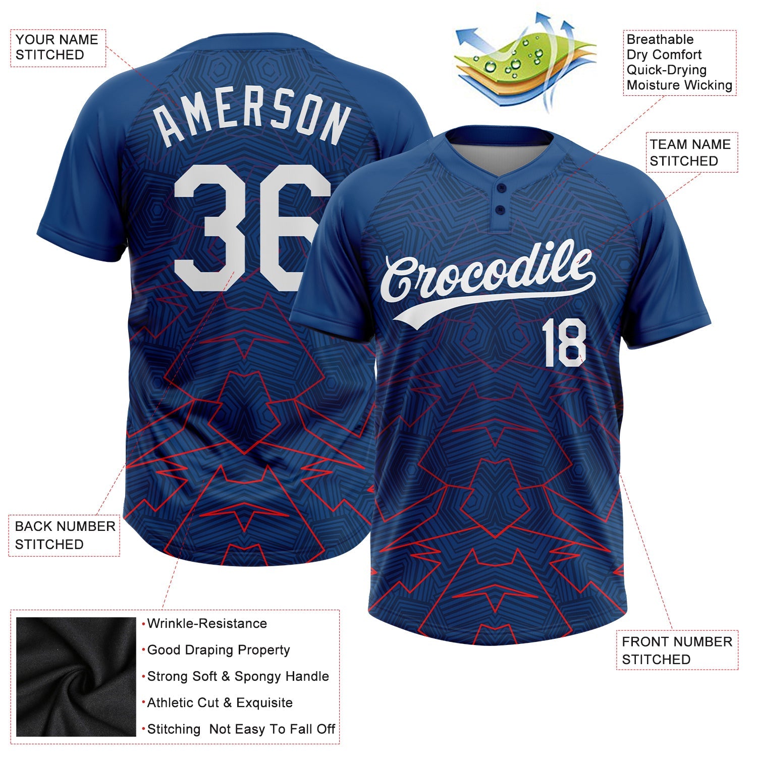 Custom US Navy Blue White-Red 3D Pattern Two-Button Unisex Softball Jersey view 3