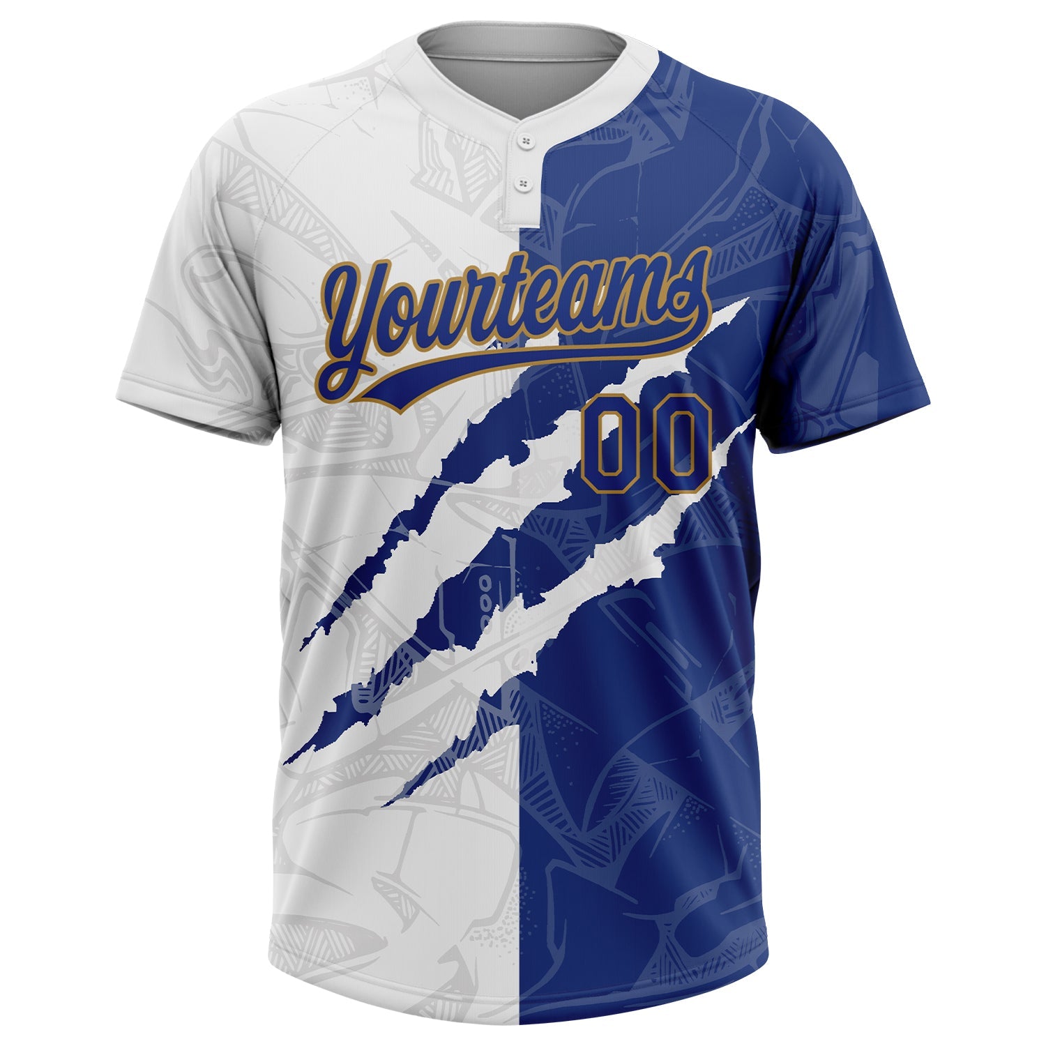 Custom Graffiti Pattern Royal-Old Gold 3D Two-Button Unisex Softball Jersey view 2
