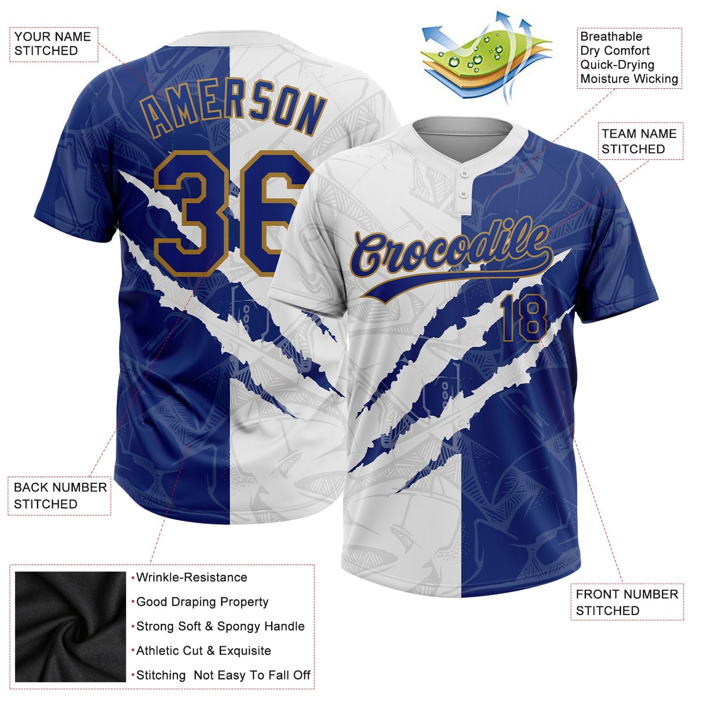Custom Graffiti Pattern Royal-Old Gold 3D Two-Button Unisex Softball Jersey view 3