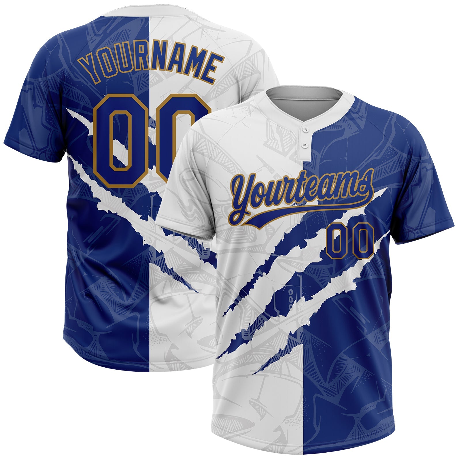 Custom Graffiti Pattern Royal-Old Gold 3D Two-Button Unisex Softball Jersey - Main View