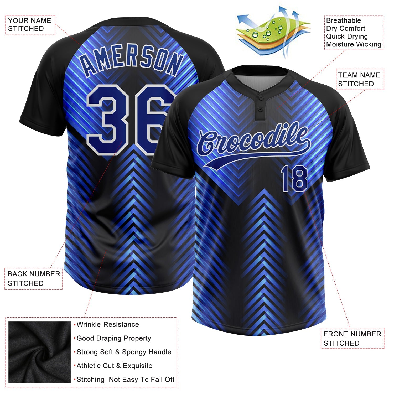 Custom Black Royal-Powder Blue 3D Pattern Two-Button Unisex Softball Jersey view 3