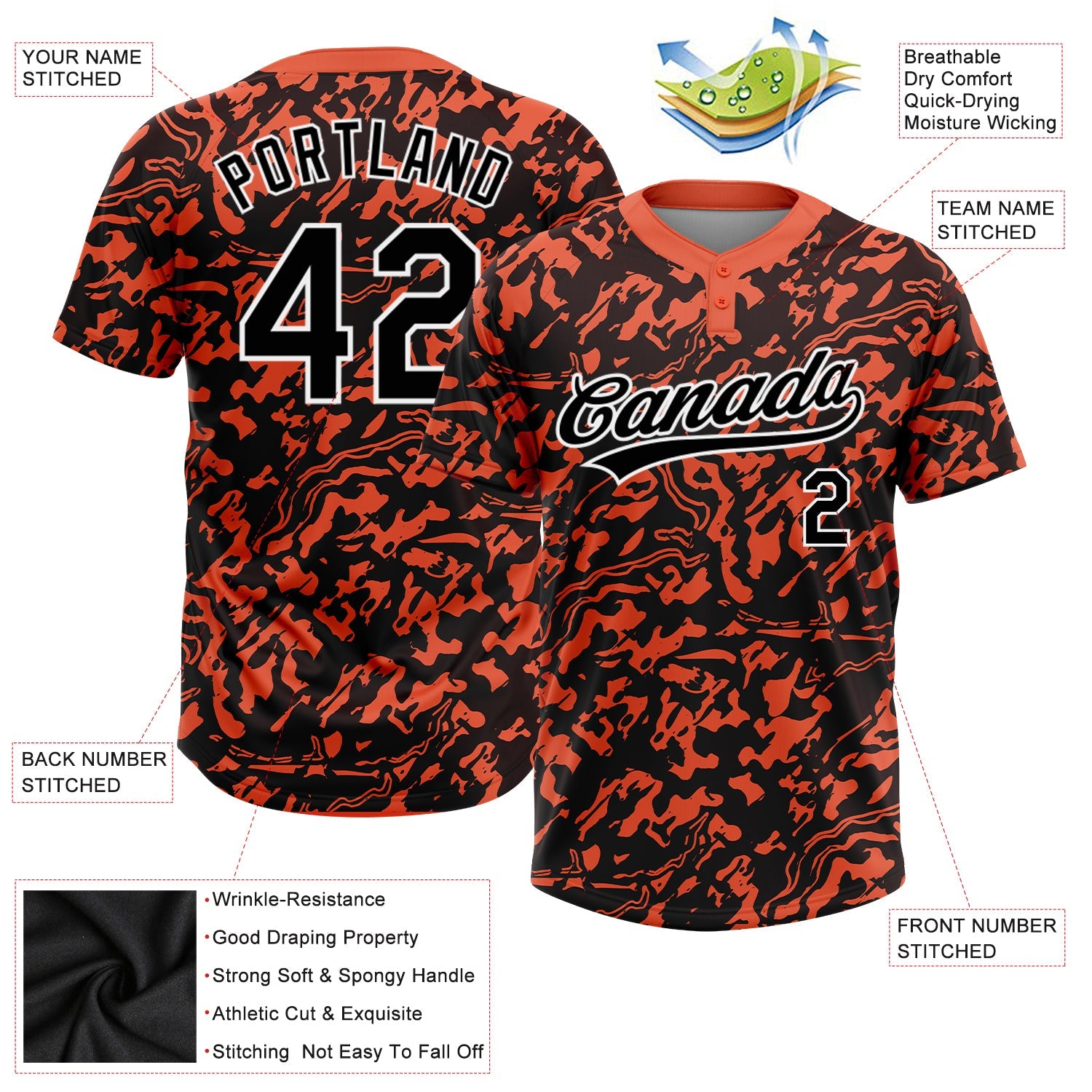 Custom Orange Black-White 3D Pattern Two-Button Unisex Softball Jersey view 3