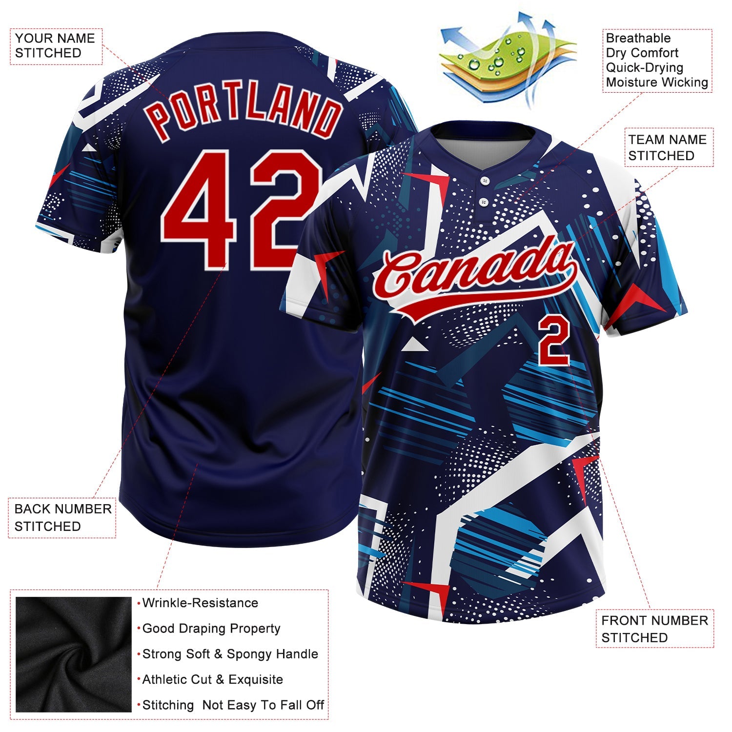 Custom Navy Red-White 3D Pattern Two-Button Unisex Softball Jersey view 3