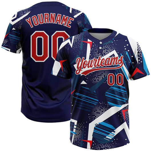 Custom Navy Red-White 3D Pattern Two-Button Unisex Softball Jersey - Main View