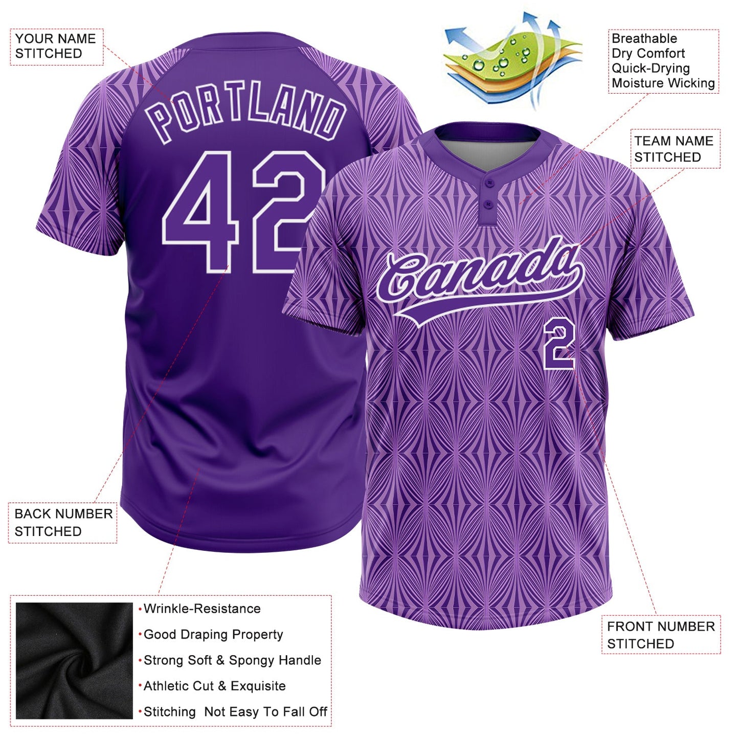 Custom Purple Purple-White 3D Pattern Two-Button Unisex Softball Jersey view 3