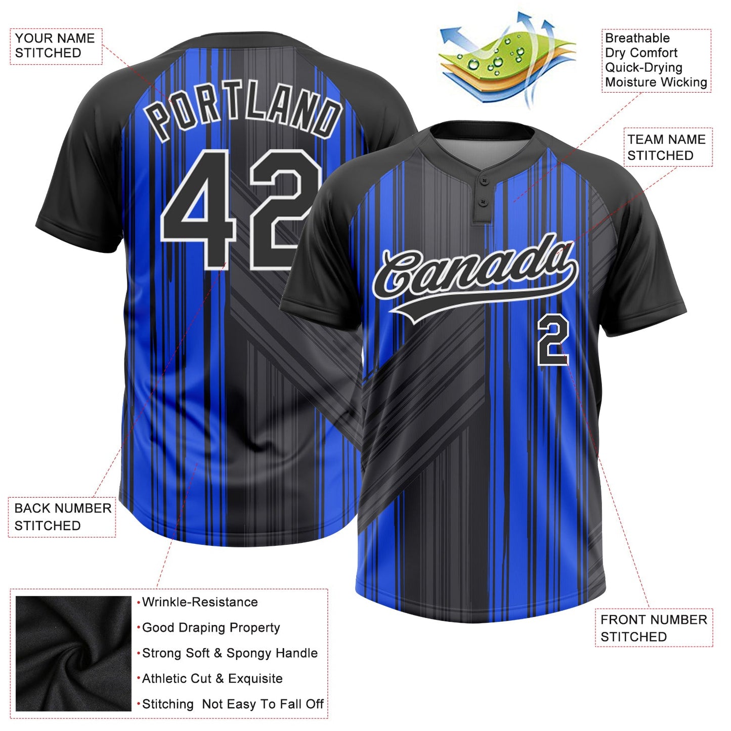 Custom Royal Black-White 3D Pattern Two-Button Unisex Softball Jersey view 3