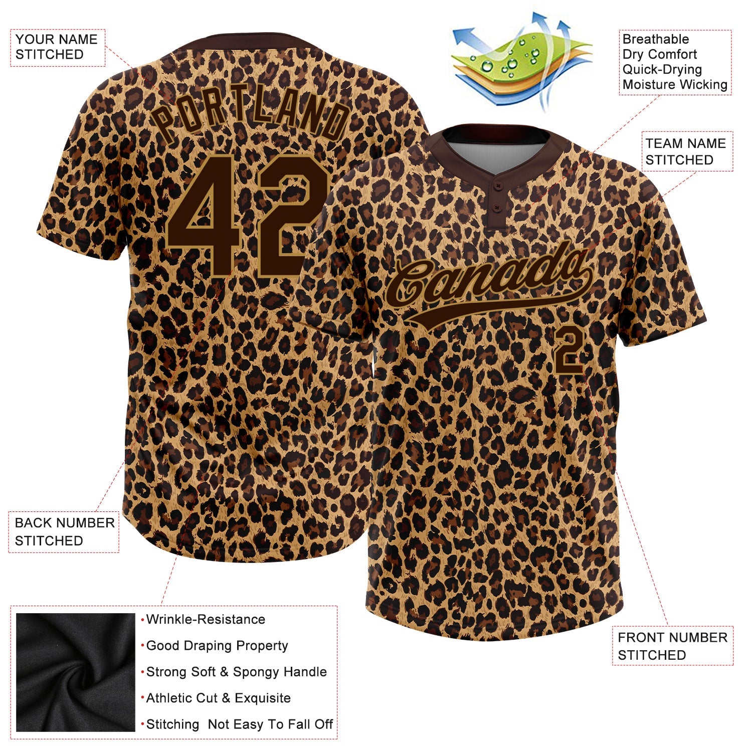 Custom Brown Brown-Old Gold 3D Pattern Leopard Two-Button Unisex Softball Jersey view 3