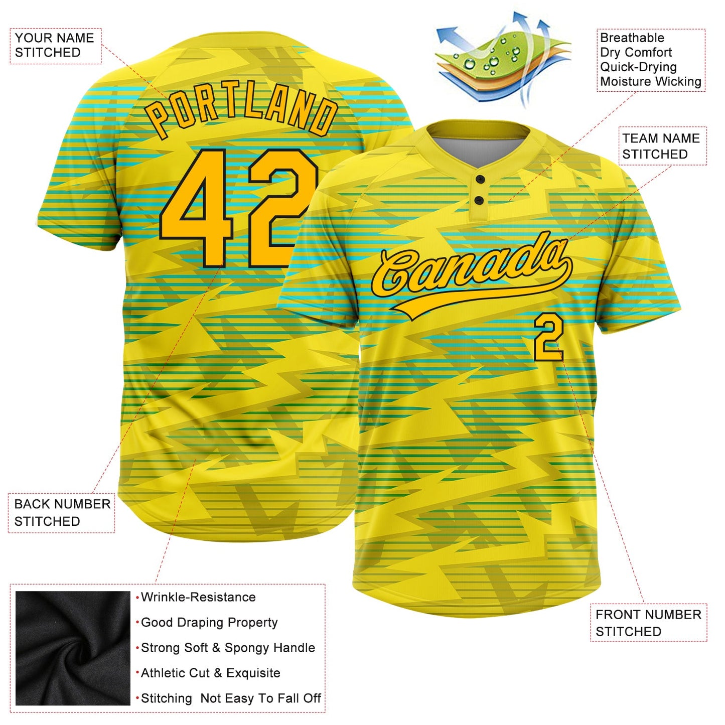 Custom Gold Gold Black-Light Blue 3D Pattern Two-Button Unisex Softball Jersey view 3