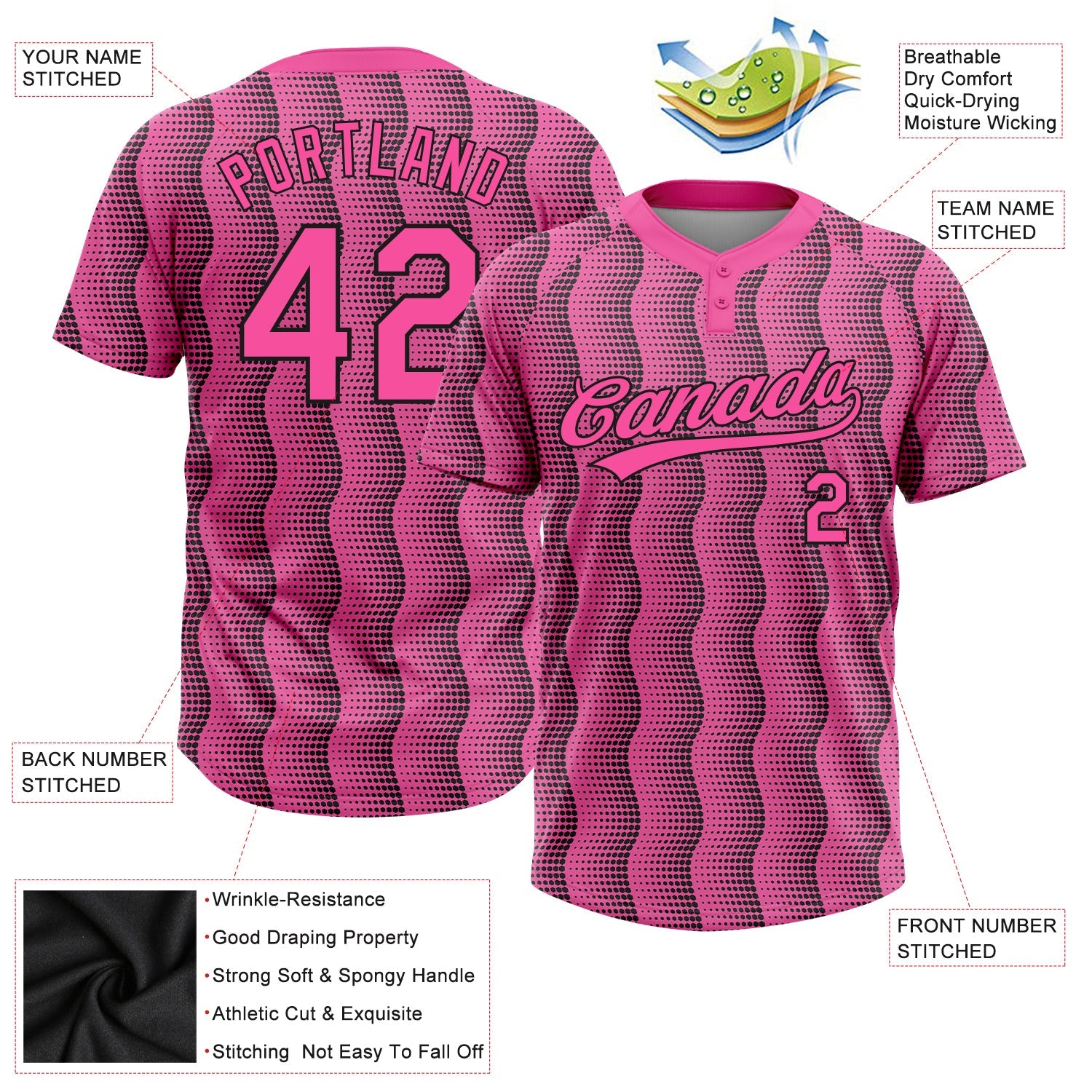 Custom Pink Pink-Black 3D Pattern Two-Button Unisex Softball Jersey view 3