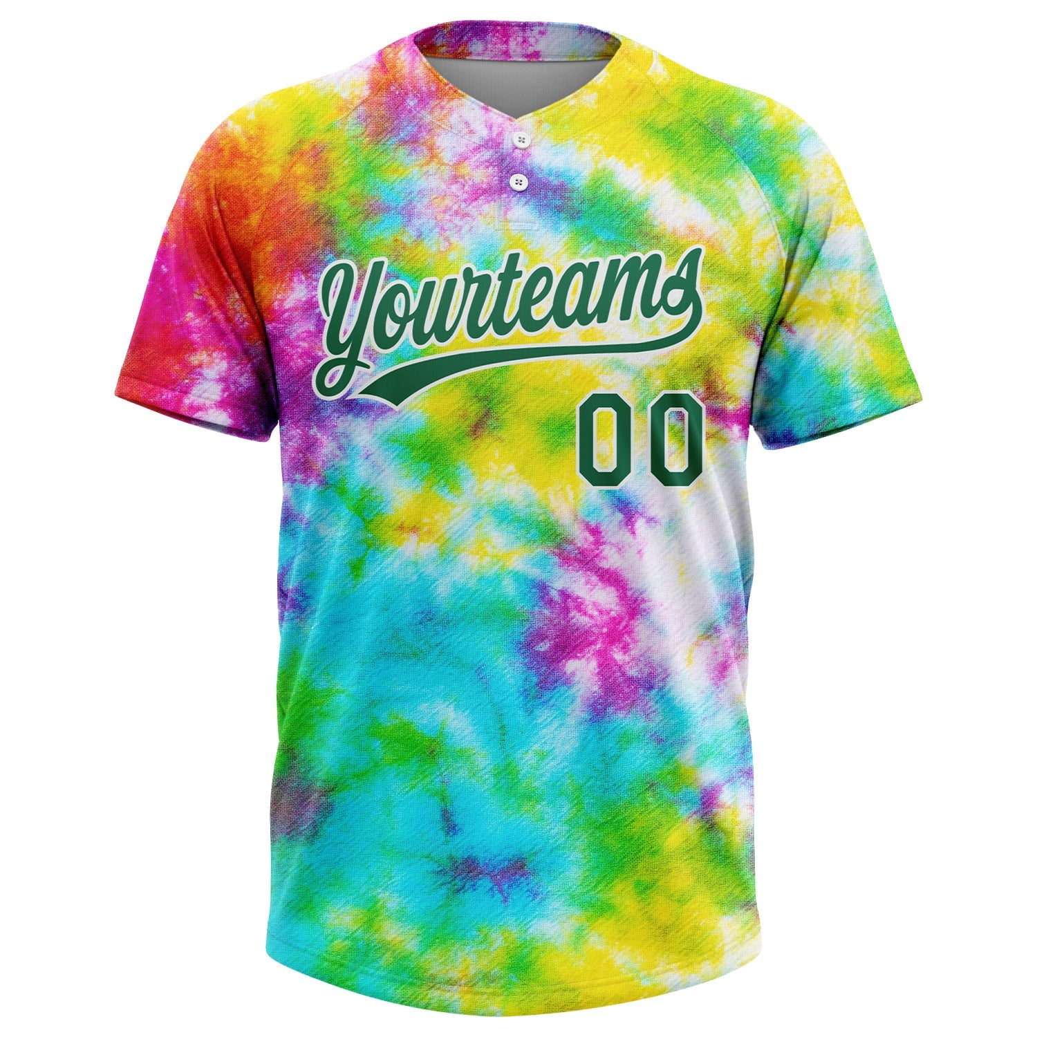 Custom Tie Dye Kelly Green-White 3D Rainbow Two-Button Unisex Softball Jersey view 2