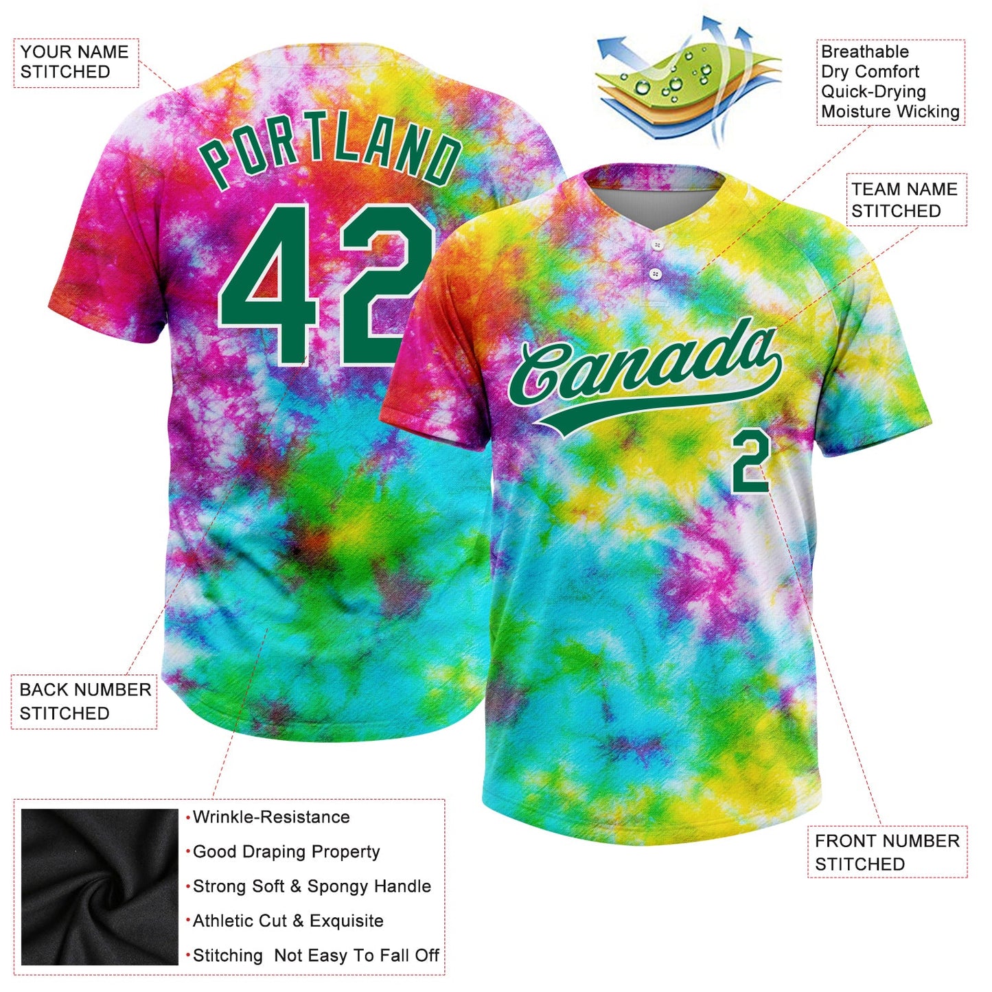 Custom Tie Dye Kelly Green-White 3D Rainbow Two-Button Unisex Softball Jersey view 3