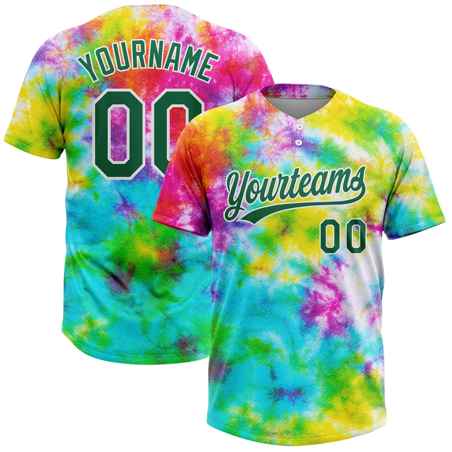 Custom Tie Dye Kelly Green-White 3D Rainbow Two-Button Unisex Softball Jersey - Main View